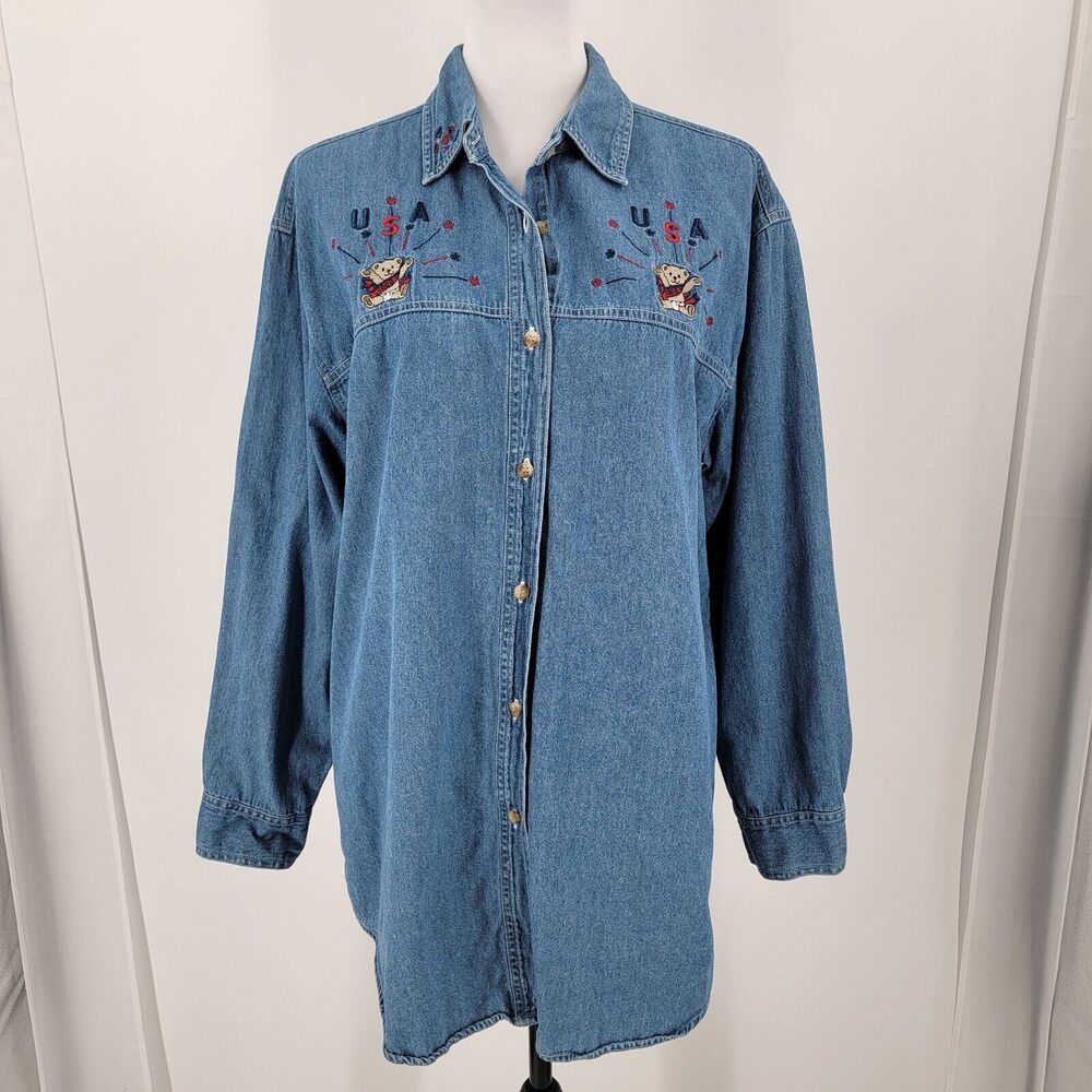 Quizz Again Denim Shirt Women's Large Embroidered Bears 2000 USA Button Up